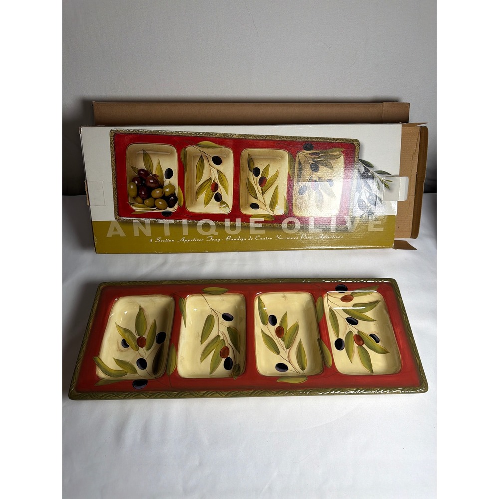 Clay Art Antique Olive 4 Section Appetizer Tray Unisex OS Red Green EX